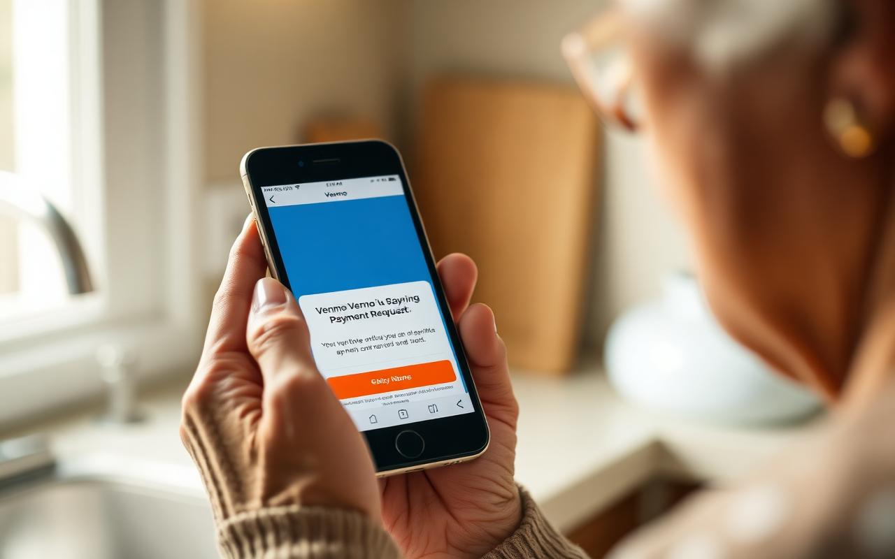 Venmo Scams in 2026: 12 Common Types, Red Flags & How to Get Your Money Back Venmo scam illustration: senior woman's hands holding a smartphone showing a suspicious Venmo payment request notification on the screen, warm kitchen window light
