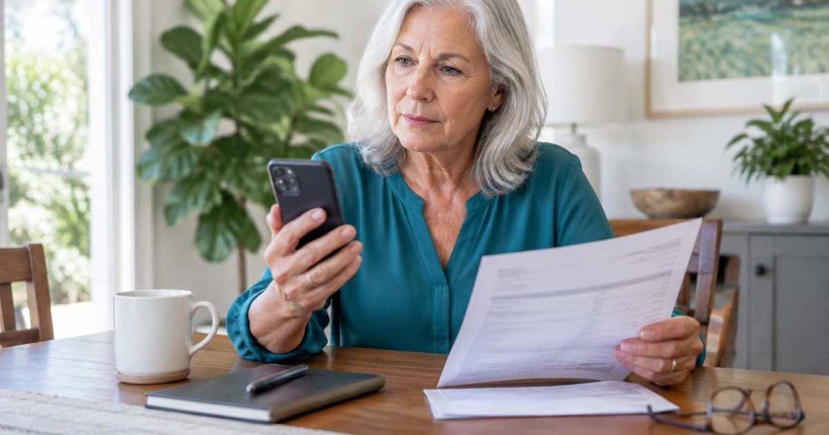The $0 Bank Account Test: How Scammers Trick Retirees Into Revealing Their Savings Retired woman cautiously reviewing a bank statement while holding her smartphone at home